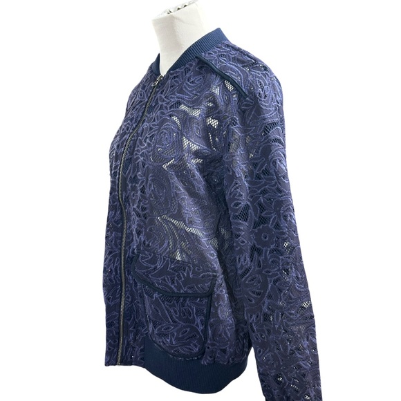 Anthropologie Elevenses Navy Blue Sheer Lace Bomber Jacket Cottagecore - Picture 9 of 11